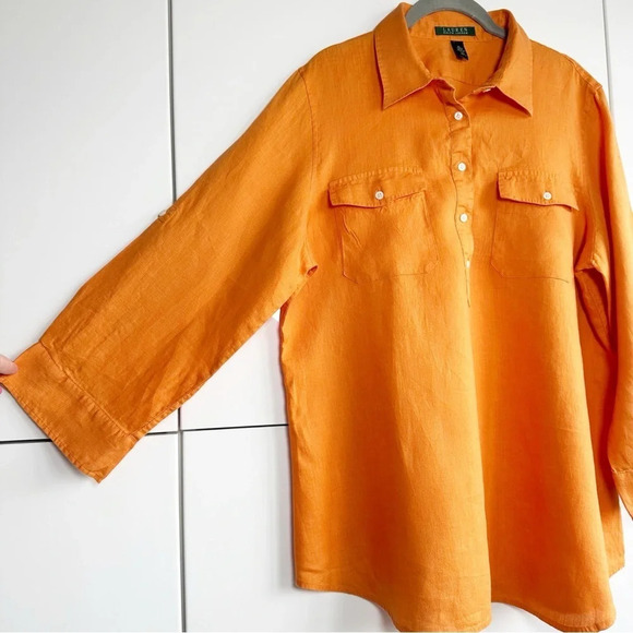 Lauren Ralph Lauren Linen Tunic Size XL Orange Button Front Collared 3/4 Sleeve - Picture 2 of 8